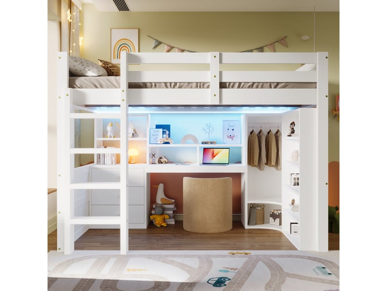 Lit mezzanine 140x200 cm, bureau, armoire, 3 tiroirs, led, garde-corps, pin et mdf, blanc sans matelas - Conforama B