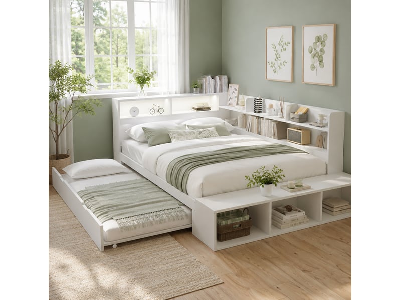  Lit banquette 120x200 cm avec lit gigogne 90x190 cm, led et rangement, blanc, sans matelas  - Conforama B
