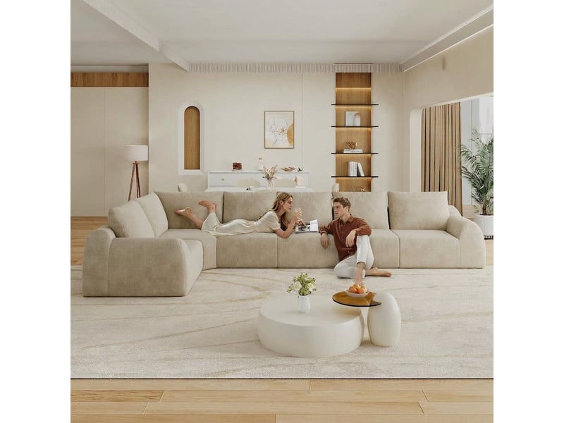  Canapé d'angle en l 6 places tissu chenille kaki 401 cm sans montage  - Conforama C