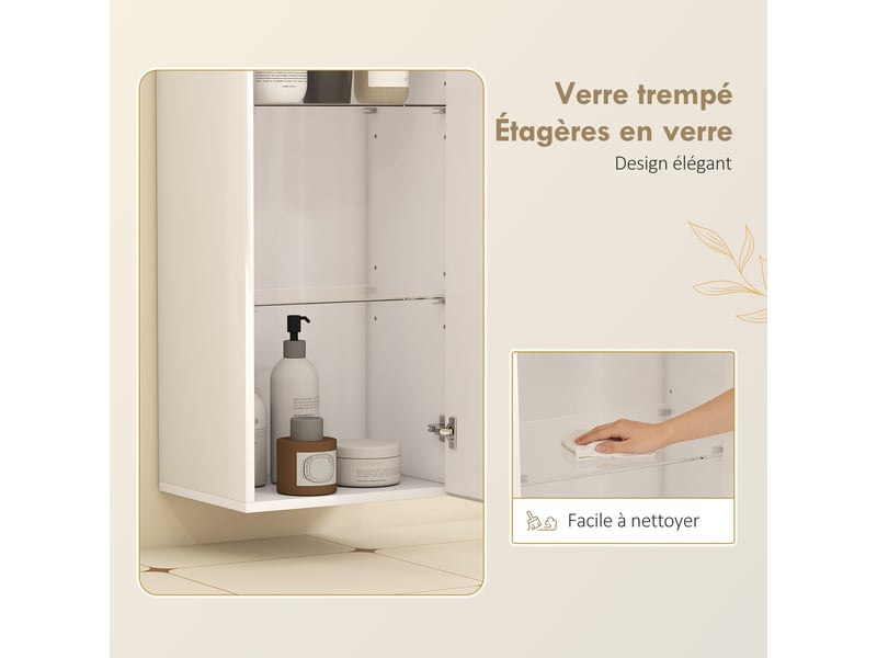Meuble mural de salle de bain, étagère réglable en verre trempé, porte sans poignée, moderne, 30x23,4x71,2cm, blanc - Conforama R