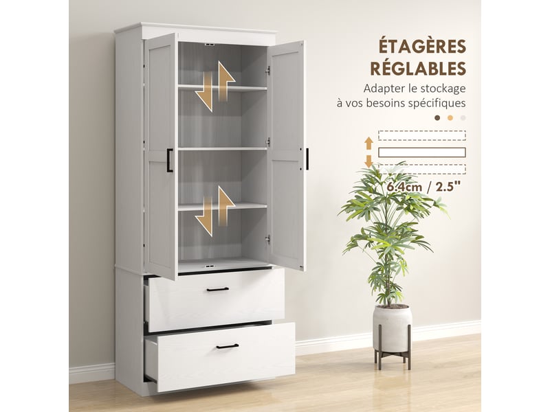  Armoire de cuisine buffet cuisine vaisselier meuble de rangement avec placard, 2 tiroirs et étagères réglables, crème  - Conforama R