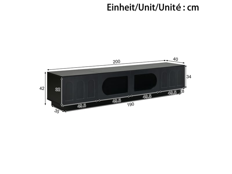  Meuble tv 200 x 40 x 42 cm blanc mdf avec portes vitrées et led via application pour salon  - Conforama E