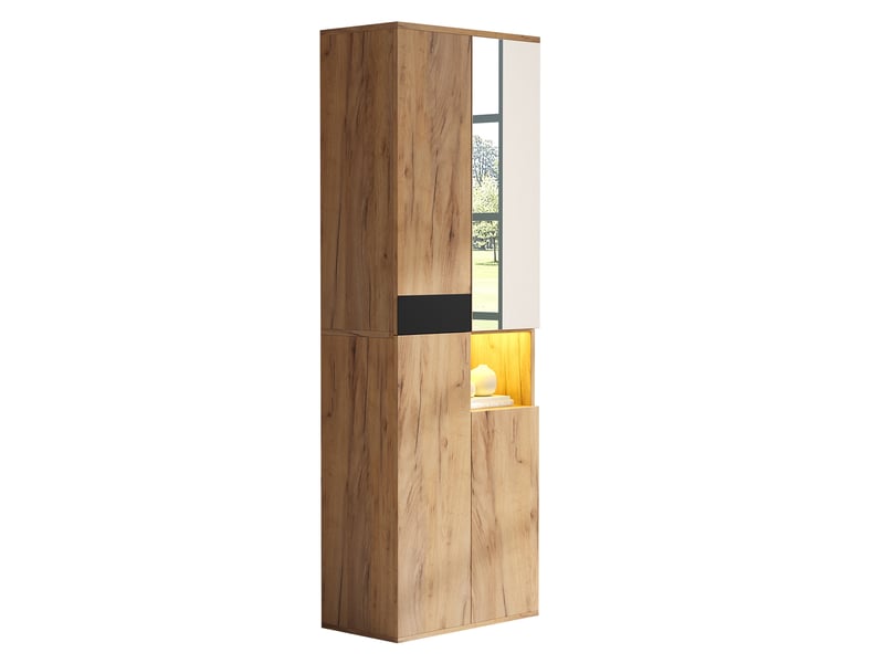 Buffet haut 65x35x190cm, quatre portes, miroir, motif bois, style épuré, panneau de particules, coloris bois et noir - Conforama A