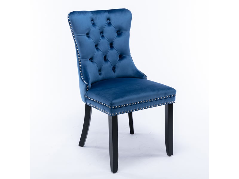 Lot de 2 chaises de salle à manger en velours bleu capitonnées pieds en bois massif et clous  - Conforama A