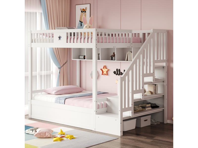  Lit superposé 140x200 cm avec rangement bois blanc sans matelas  - Conforama D
