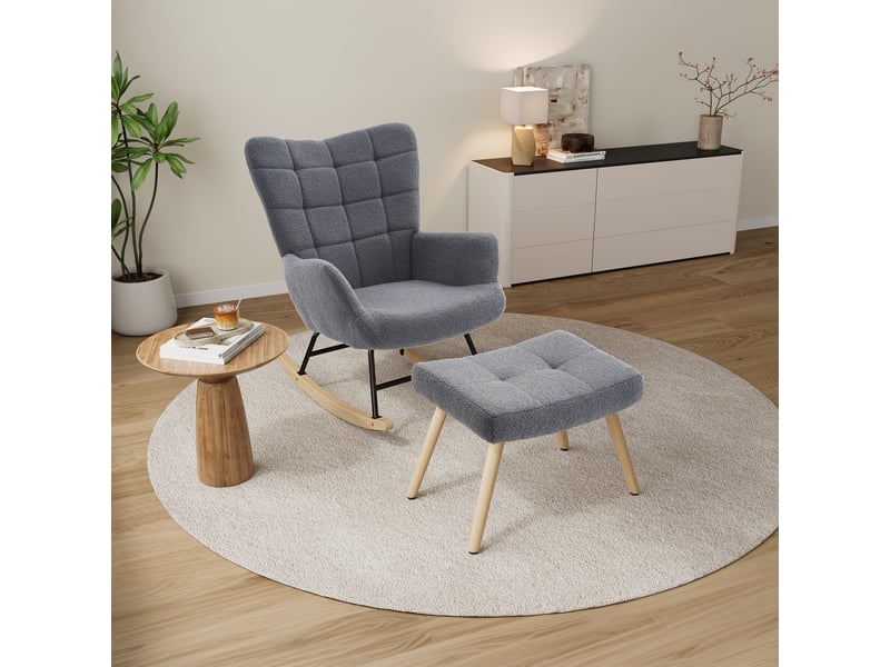  Fauteuil à bascule gris en tissu bouclé avec repose-pieds, dossier haut et assise épaisse homvra  - Conforama D