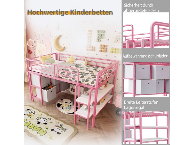  Lit mezzanine enfant 90x200 cm tiroirs et étagères - lit mezzanine - métal rose avec marches larges et coins arrondis  - Conforama D