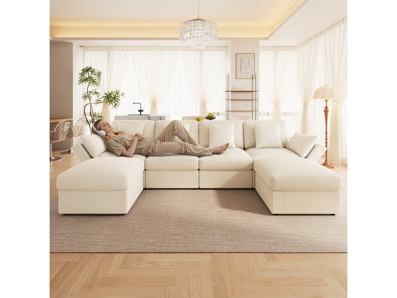 Canapé d’angle en u modulable 6 places 290 x 159,5 x 89 cm avec accoudoirs réglables, 2 poufs amovibles, velours côtelé - beige - Conforama C