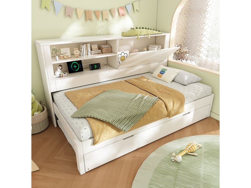 Lit enfant gigogne 90x190 cm, sommier à lattes, rangements et ports usbusb-c, bois blanc, sans matelas - Conforama W