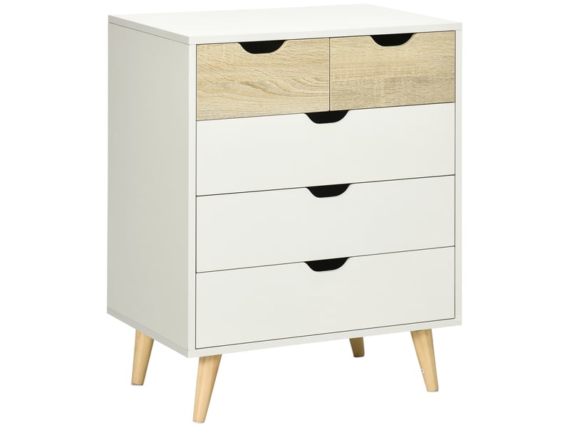  Commode 5 tiroirs meuble de rangement 4 pieds biseautés - bois, 60 x 40 x 77,5 cm, blanc  - Conforama B