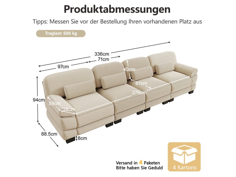 Canapé modulable 4 places 336x88,5x94 cm, grand format, coussins lombaires, connecteurs velours côtelé beige  - Conforama C