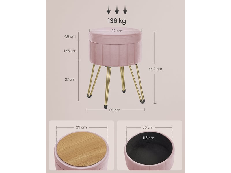  Tabouret rond avec espace de rangement 39 x 44,4 cm assise confortable style moderne dressing salon en velours rose bonbon 12_0011345  - Conforama B