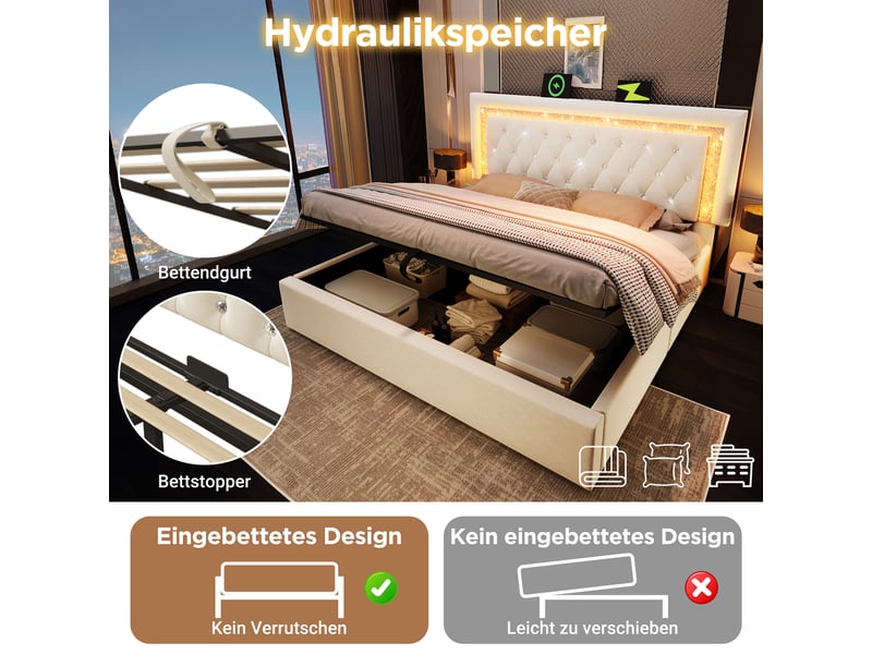  Lit coffre, lit double 160x200 cm, rangement hydraulique, led, usbusb-c, sommier à lattes, matelas inclus, velours beige  - Conforama E