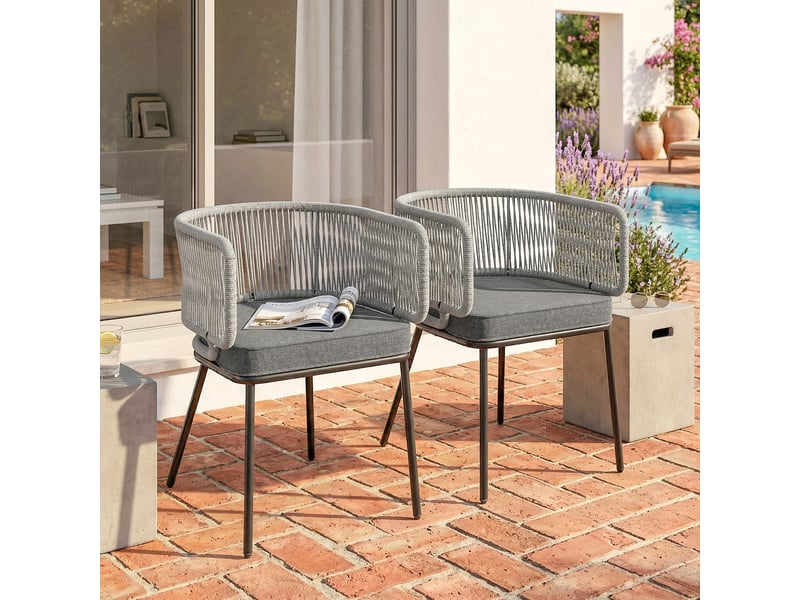  Lot de 2 fauteuils de jardin, dossier et accoudoirs en corde résine tressée, coussins amovibles, 46x58x72cm, gris clair  - Conforama D