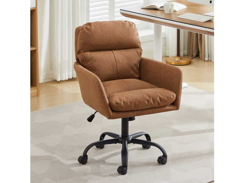  Chaise de bureau réglable en hauteur en cuir régénéré marron, avec accoudoirs et roulettes pour le travail  - Conforama B