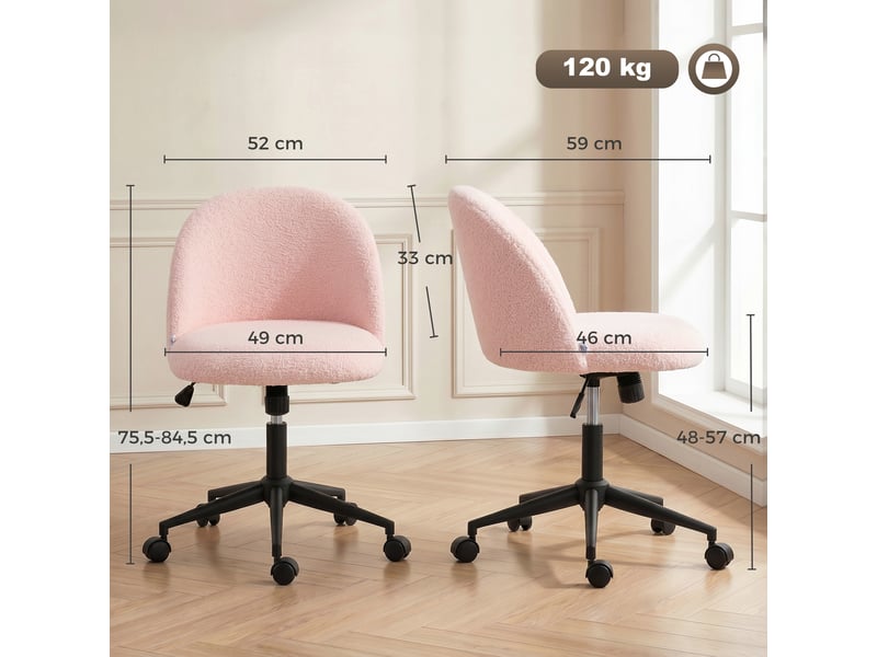  Chaise de bureau pivotante réglable en hauteur, jusqu'à 120 kg, rose  - Conforama E