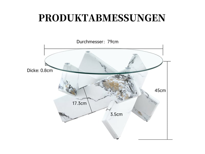  Table basse ronde 79 cm, meuble de salon, plateau en verre, mdf imitation marbre blanc, élégante, transparent et blanc  - Conforama C