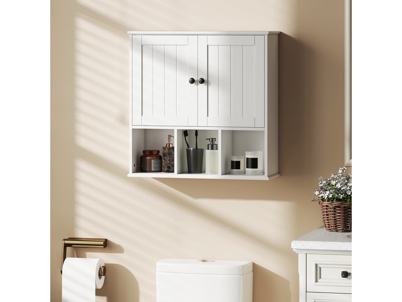  Armoire murale de salle de bain, meuble de rangement avec 2 portes, étagère réglable et compartiments ouverts, blanc  - Conforama C