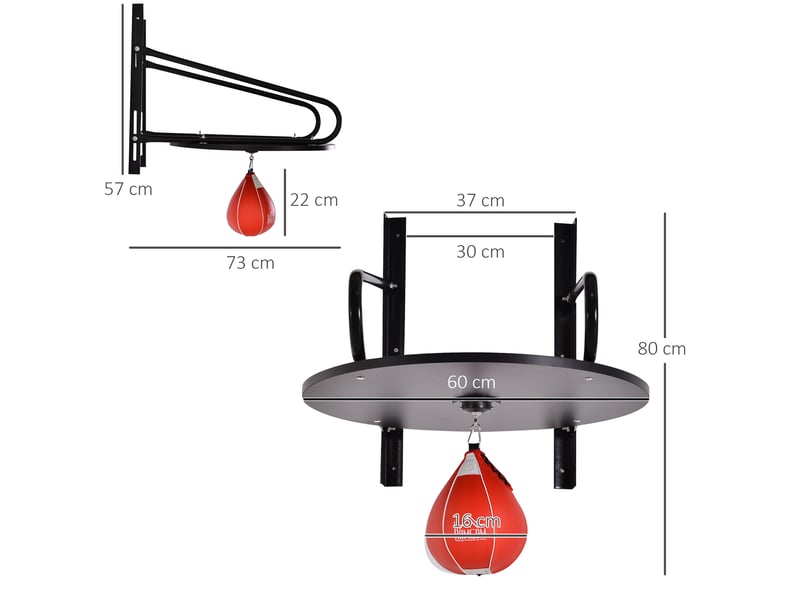  Punching ball poire de vitesse boxe avec support plateau tournant + pompe en bois hauteur réglable acier revêtement synthétique rouge noir  - Conforama E