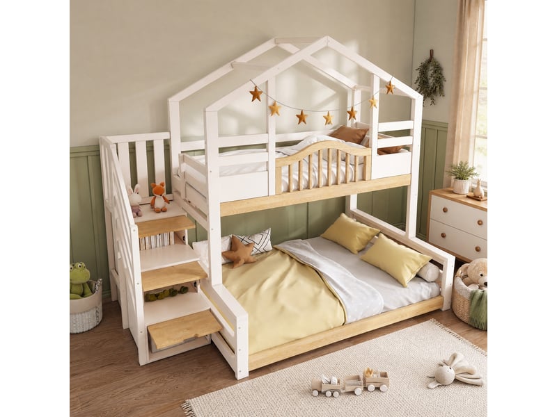 Lit superposé enfant cabane avec escalier de rangement, couchages 90x200 et 140x200 cm - Conforama C