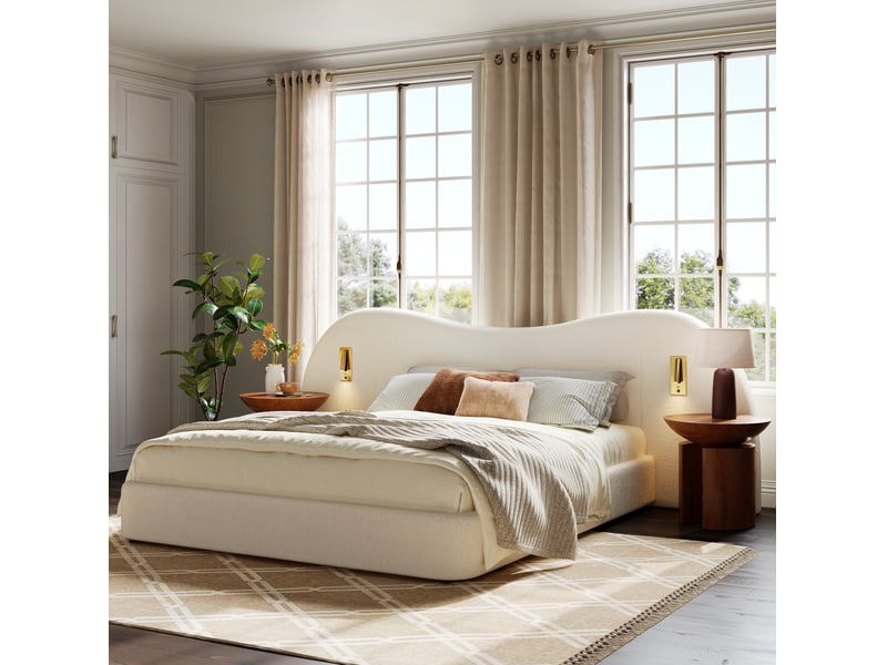  Lit coffre 2 places 180x200 cm en tissu bouclette blanc avec lampes de lecture et port usb, sans matelas  - Conforama E