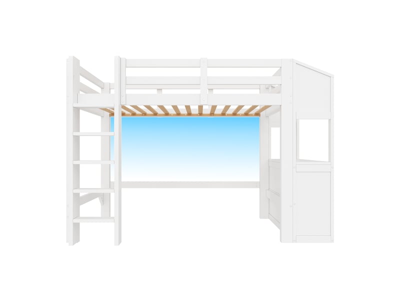  Lit mezzanine blanc 90x200 cm en pin et mdf, 6 tiroirs, étagères de rangement et éclairage led sous le couchage  - Conforama D