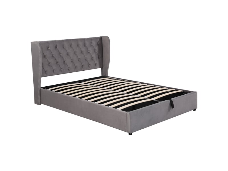  Lit coffre rembourré 140 x 190 cm en velours gris, tête de lit à oreilles capitonnée, sommier à lattes 3068012AAH - Conforama A