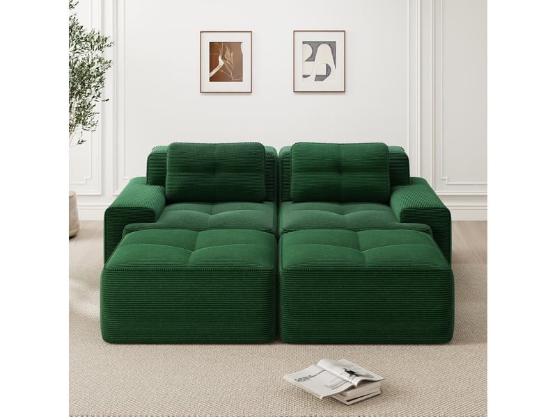  Canapé modulable 2 pl 204x177x69cm, canapé sous vide avec poufs, assise généreuse, pièce de salon, velours côtelé, vert  - Conforama B