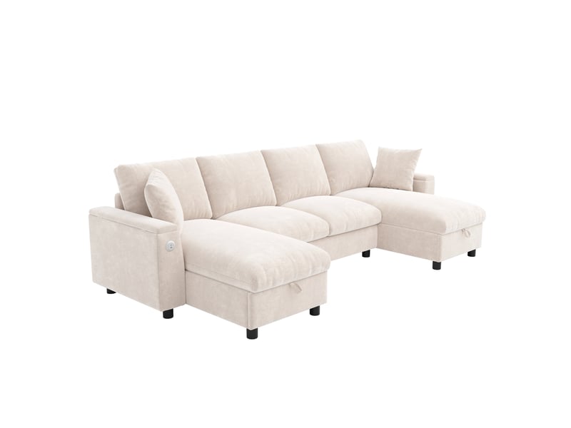  Canapé en u beige 4 places en chenille avec deux méridiennes, coffre de rangement et ports usb et usb-c, 279 x 135 x 84 cm  - Conforama A