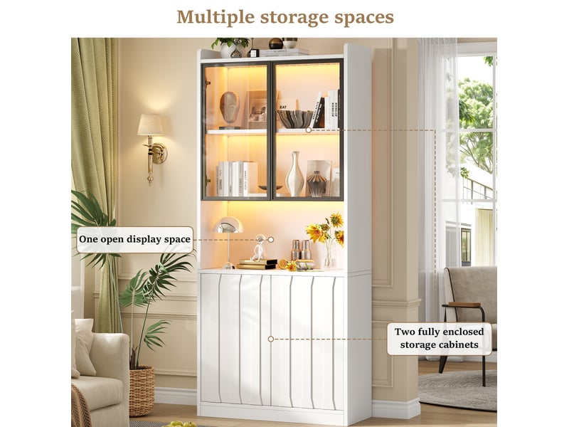  Vitrine 2 pièces 160x35x200 cm led bluetooth, 8 portes, verre de sécurité, panneaux de particules blanc  - Conforama D