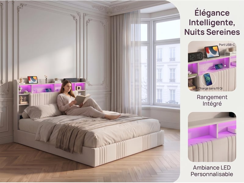  Lit 2 places 160x200 cm – lit coffre – tête de lit avec espace de rangement – ​​ ports usbtype-c – éclairage led rgb –  sommier à lattes – lin beige  - Conforama E