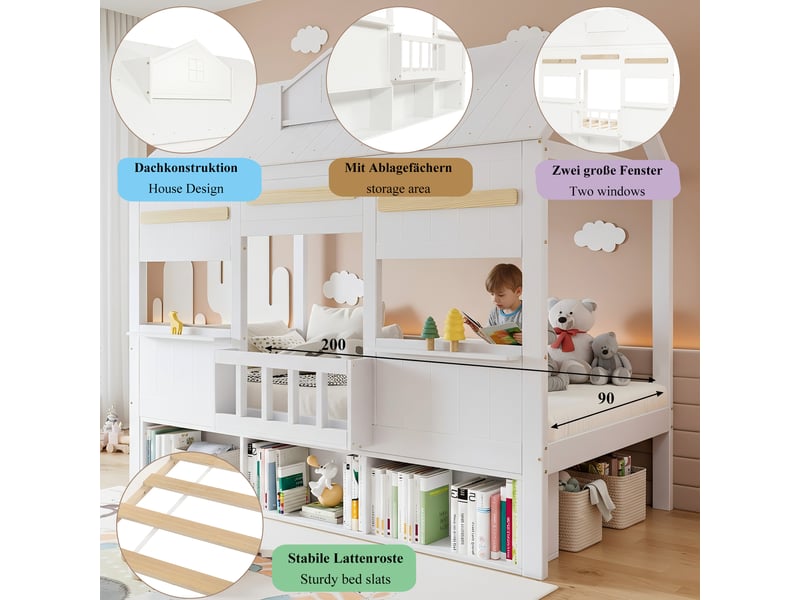  Lit mezzanine enfant 90×200 cm avec bibliothèque et design cabane  - sans matelas, bois et mdf - blanc  - Conforama E
