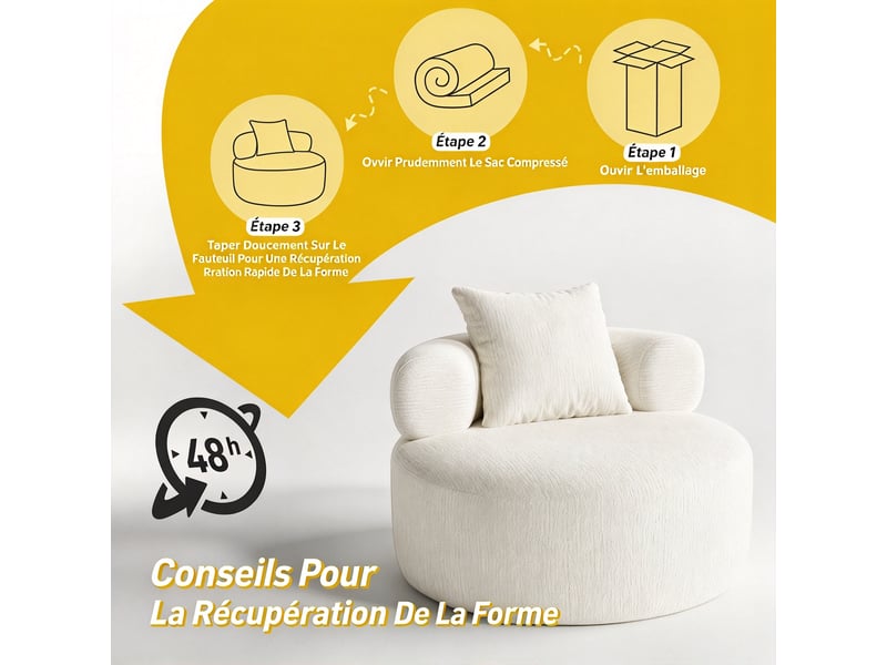  Fauteuil rond 1 place 100 x 100 x 65cm - chenille beige - mousse haute densité, coussin inclus pour salon, sans montage DJ-W3463P49987123-ZMS - Conforama E