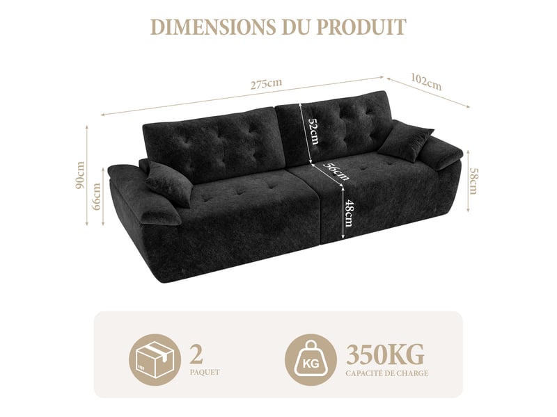 Canapé compressé modulable style nuage scandinave 275cm noir en chenille,mousse compressée haute densité,canapé doux pour salon 275x102x66CM - Conforama E