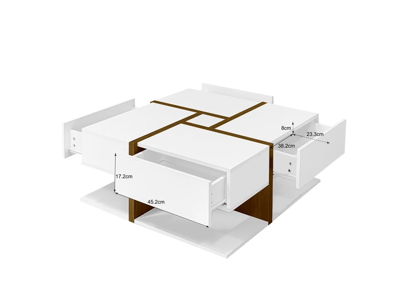  Table basse carrée 78x78 cm, 4 tiroirs et rangement bas, blanc et bois brillant  - Conforama C
