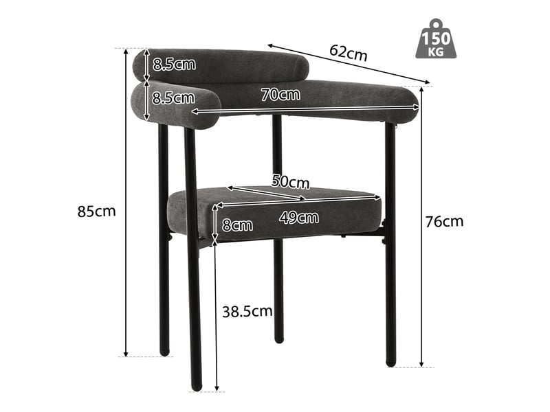  Lot de 6 chaises de salle à manger 70x62x85 cm, gris foncé, structure métallique, style moderne, avec accoudoirs  - Conforama C