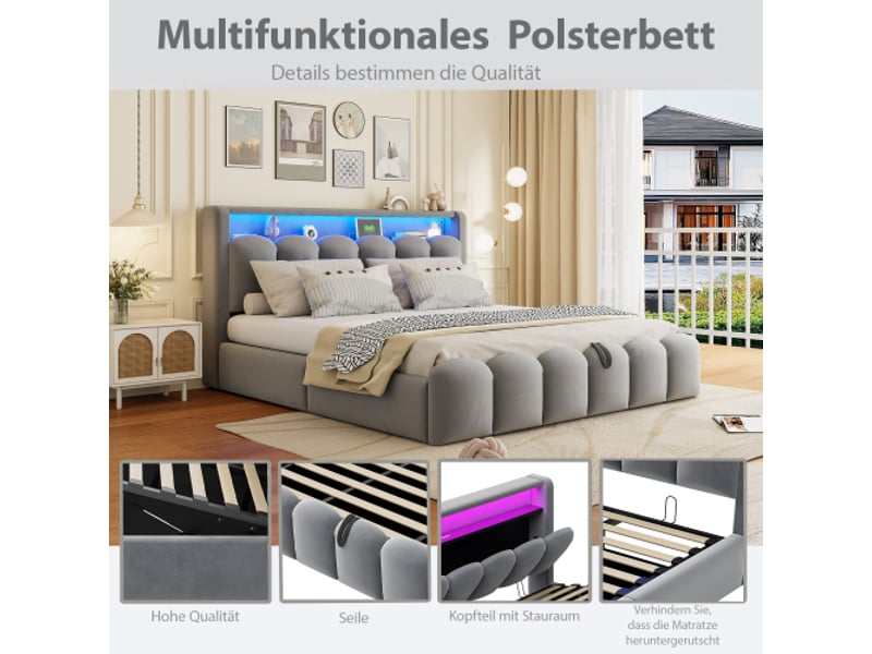 Lit rembourré, 180 × 200 cm, avec rangement hydraulique, éclairage led et prises électriques, lit double, tissu velours, gris - Conforama C
