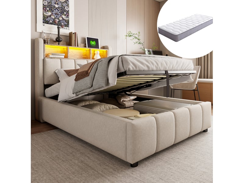  Lit coffre enfant 1 place 90 × 200 cm avec led réglable, usb et type-c, matelas inclus, en lin beige  - Conforama D