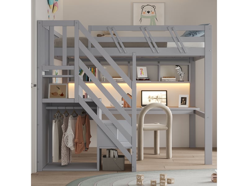  Lit mezzanine 140x200 cm en bois avec bureau, rangement, led et prise usb gris chicfurn  - Conforama D