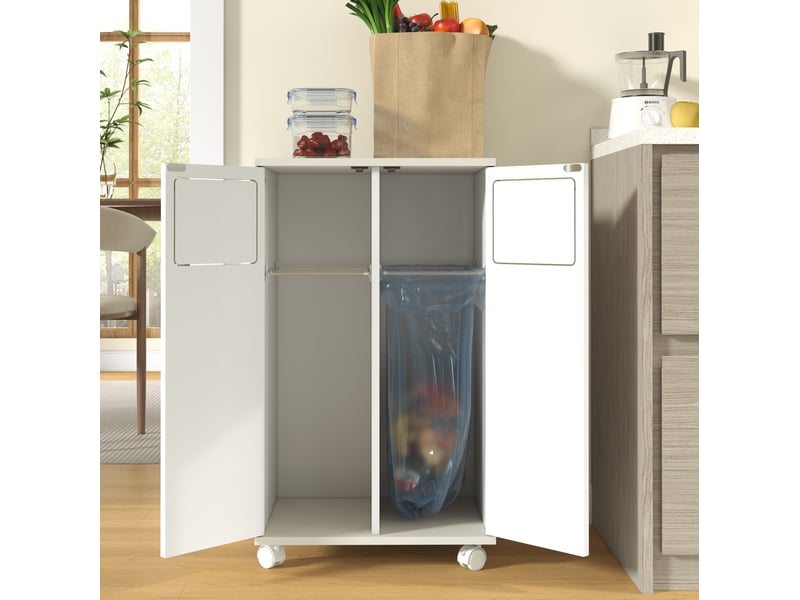  Meuble de tri des déchets 2 portes sur roulettes 46,7x35x80 cm blanc brillant  - Conforama R