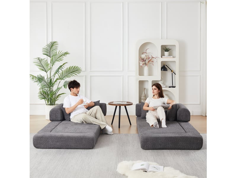  Canapé 2 places 4-en-1 en chenille gris avec 4 coussins  - Conforama R