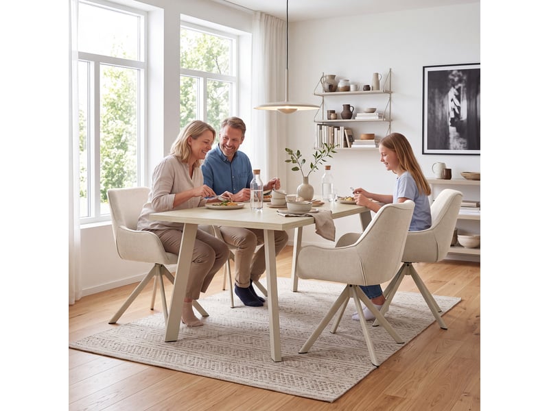  Ensemble table et 4 chaises - table rectangulaire 160x80 cm monobloc en travertin et pieds métal, 4 chaises en tissu beige et pieds en métal blanc  - Conforama W