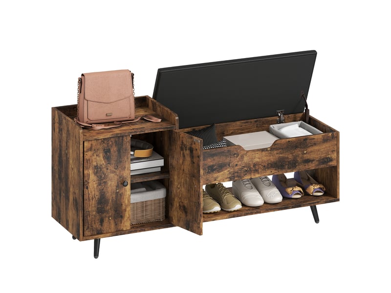  Banc à chaussures industriel avec assise rembourrée, compartiment caché, étagères et portes, 127 x 35 x 59 cm, marron rustique  - Conforama A