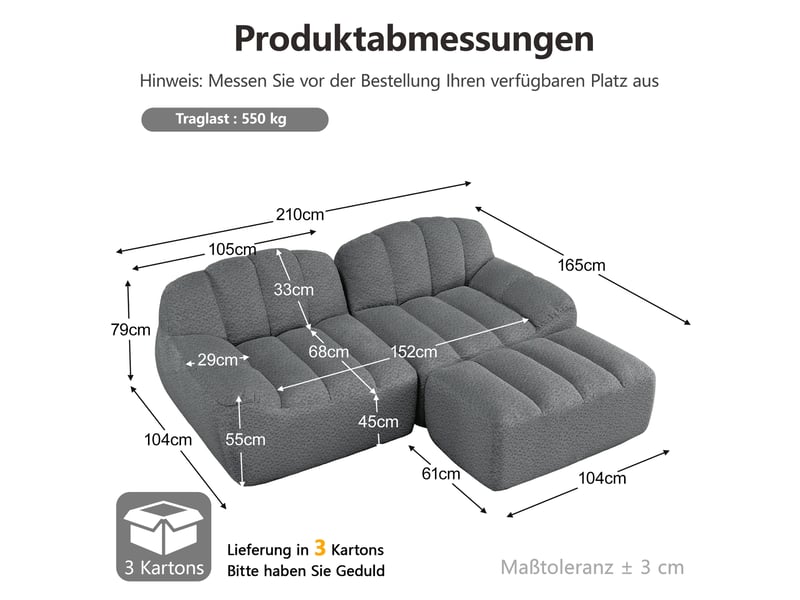 Canapé d’angle coquille 2 places avec pouf gris – 210 x 165 x 79 cm Fay Lum - Conforama C