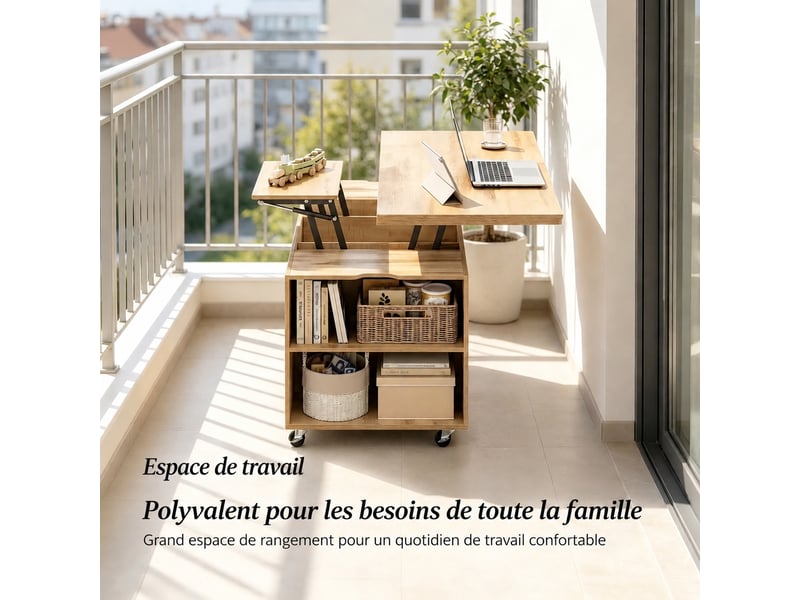  Table basse à plateau relevable, extensible en table à manger, avec tiroir et roulettes, chêne clair  - Conforama E
