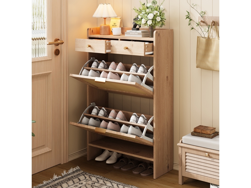  Meuble à chaussures avec 2 abattants et 2 tiroirs, portes aspect rotin, pour entrée, naturel, 65 × 25 × 106 cm  - Conforama C