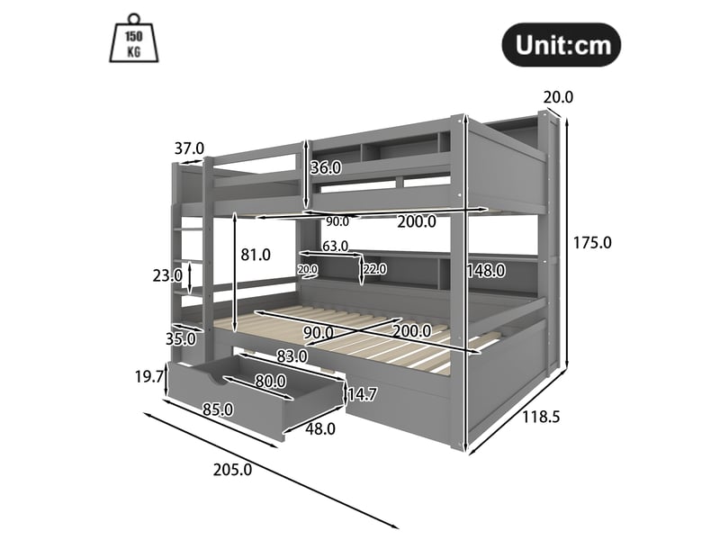  Lit superposé 90x200 cm, lit enfant gris en bois massif, lit superposé avec tiroir et étagères de rangement  - Conforama C