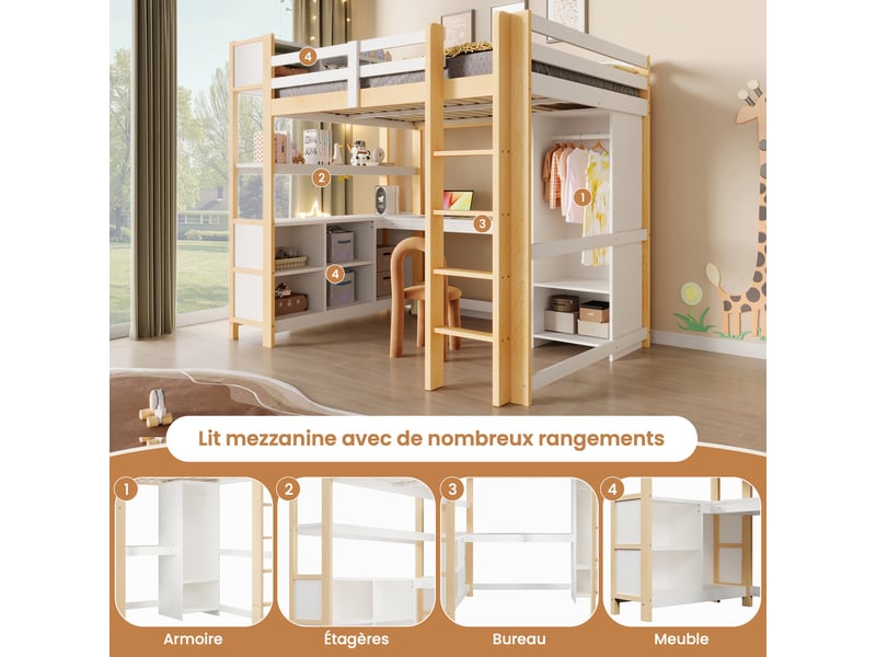 Lit mezzanine naturel 140x200cm avec rangement, bureau et étagères, sécurité renforcée, pratique - bois massif - pour enfant ado - Conforama B
