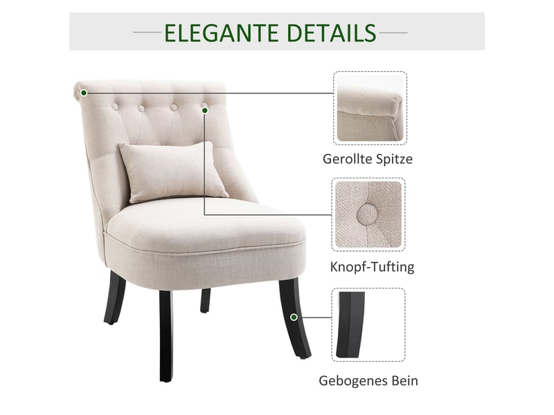  Fauteuil rembourré en tissu aspect lin avec coussin blanc crème 52,5 x 69 x 77 cm  - Conforama E