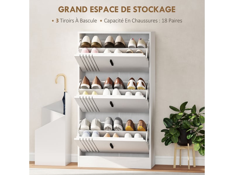  Meuble à chaussures armoire à chaussures à 3 abattants 18 paires grande capacité en bois 63 x 24 x 117 cm blanc  - Conforama E